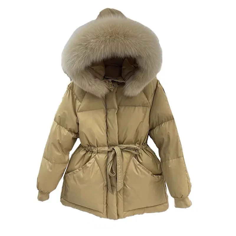 2025 invierno nuevo coreano Sle mujer ort Thiened Cuello de piel con capucha abajo Jaet adelgazante Faion prendas de vestir exteriores abrigo