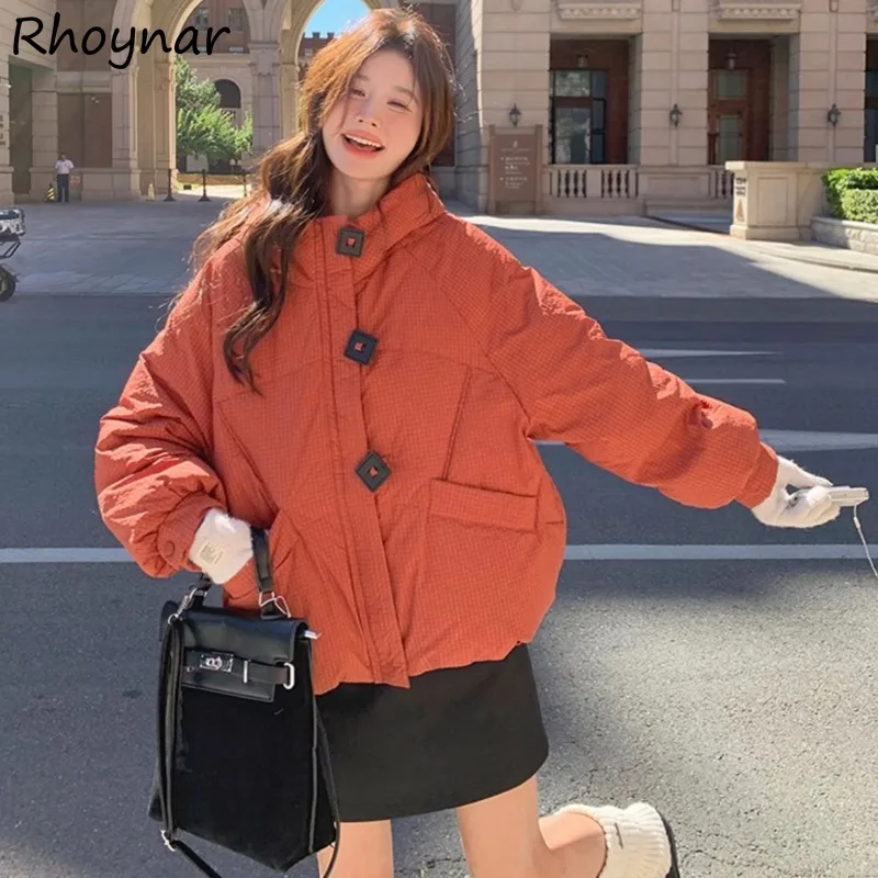 Parkas Women Square Button Crop Coats Hooded Warm All-match Solid Simple Lovely Students Korean Style Tops Minimalist Winter Ins