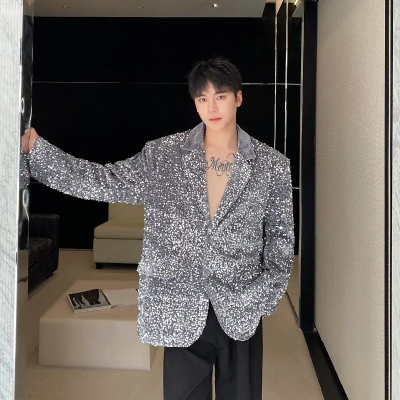 Mens Sequin Padded Shoulders Oversized Stage Performance Suit Jacket Designed for Dance Teams and Live Entertainment
