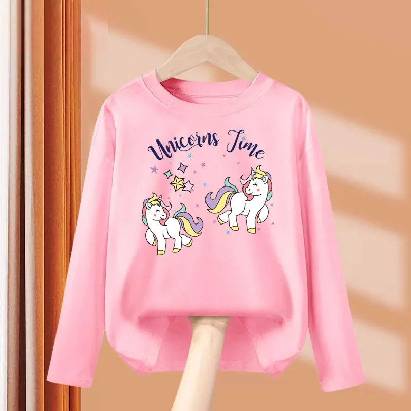 Aimi Lakana Baby Pony Cartoon Clothing Children Spring Fall T-Shirt Kids Long Sleeved O-Neck Tops Girl Unicorn Tees 3-14T