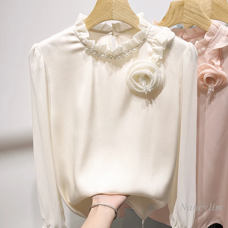 Spring Korean Elegant Shirt Lady Slimming Stand Ruffled Collar Beaded Three-Dimensional Flower Solid Color Long Sleeve Blouse