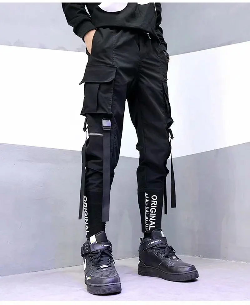 Classic Streetwear Hip Hop Joggers Men Letter Ribbons Cargo Pants Pockets Track Tactical Casual Male Trousers Sweatpant K110