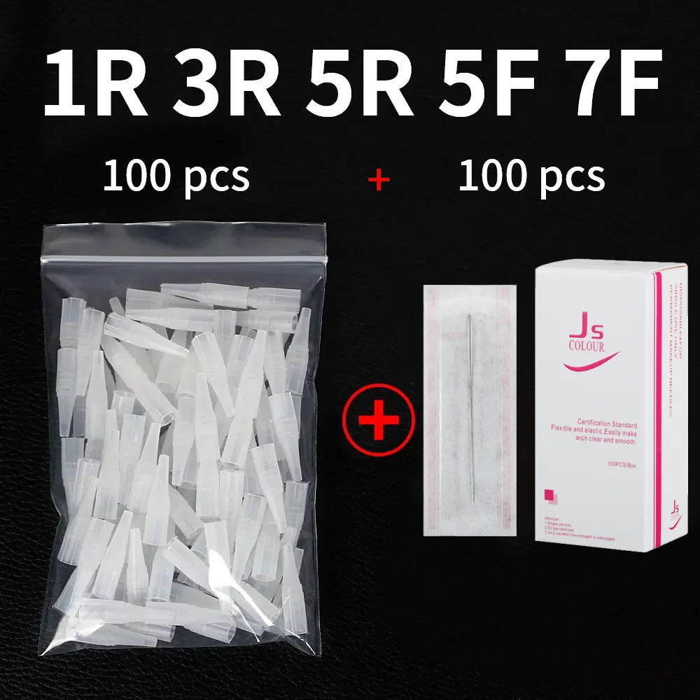 100PCS Tattoo needle 1R 3R 5R 5F 7F + 100 pezzi monouso needle cap micro blade trucco permanente sopracciglio tattoo machine