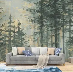 Custom Mural Wallpaper Oil painting of Pine Forest Landscape Living Room Bedroom Self-Adhesive Waterproof Papel De Parede