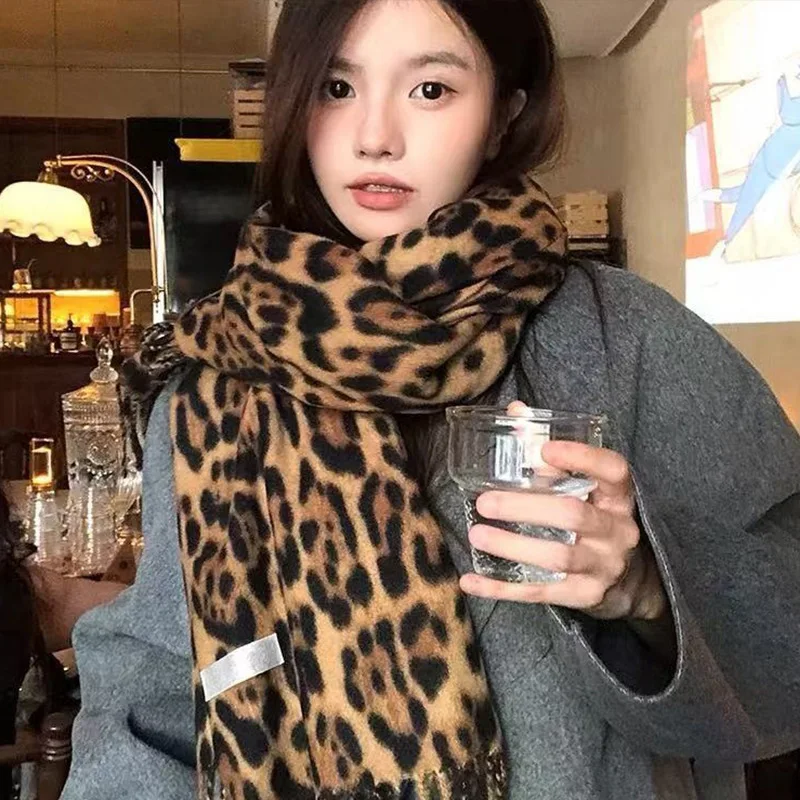 Leopard Print Scarf with Fringe Thin Soft Chiffon Wrap for Fall Winter Y2K Coquette American Style Neck Shawl 200cm