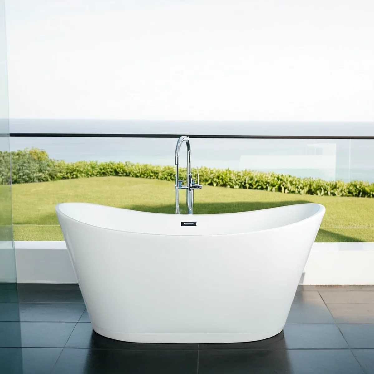 67'' Acrylic Freestanding White Soaking Bathtub With Classic Oval Shape, Chrome Drain, Slotted Overflow