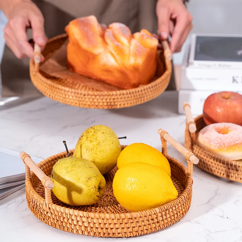 

Woven Rattan Storage Basket with Strap Handle round Tray for Bread Snacks Fruits Picnic - Home Organization Basket