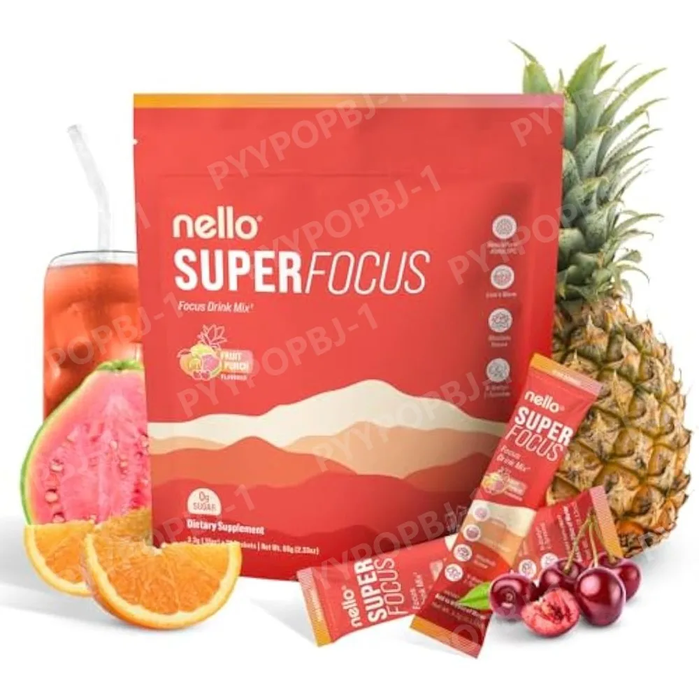 Nello Superfocus Focus Drink Mix - Fruit Punch Sabor Lion's Mane Rhodiola & N-Acetyl L-Tyrosine - Paquetes en movimiento sin azúcar