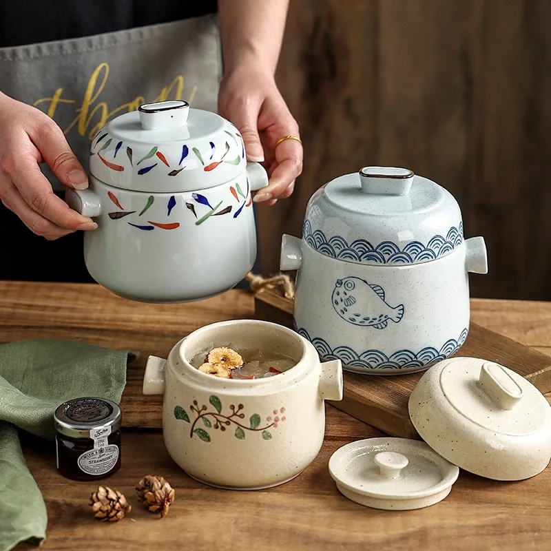 Ceramic Stew Pot Double Lid Steamed Japanese Egg Bowl Single Edible Small Bird's Nest Home Soup Cup Restaurant Kitchen Tableware