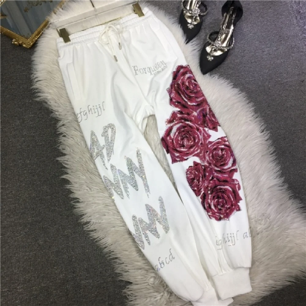 XL-4XL Plus Size 150kg Women\'s Pants Rhinestone Flower Big Size Sweatpants Casual Streetwear High Waisted Baggy Pants Woman