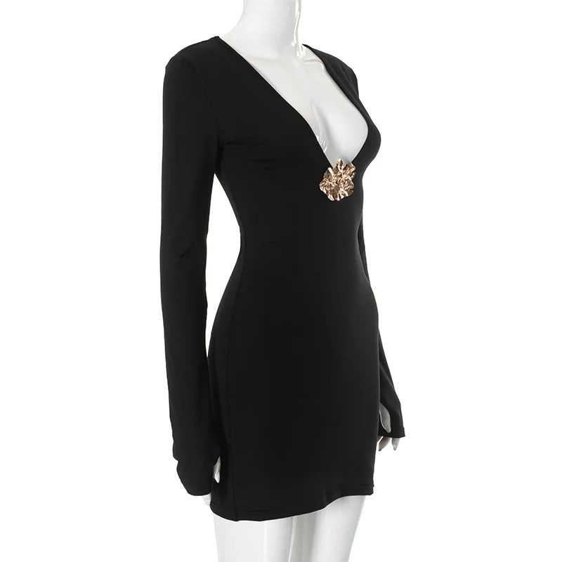 فستان Zeyla برقبة على شكل حرف v للنساء بلون سادة وأكمام طويلة مزين على شكل فراشة أنيق ومثير للحفلات والحدث الليلي