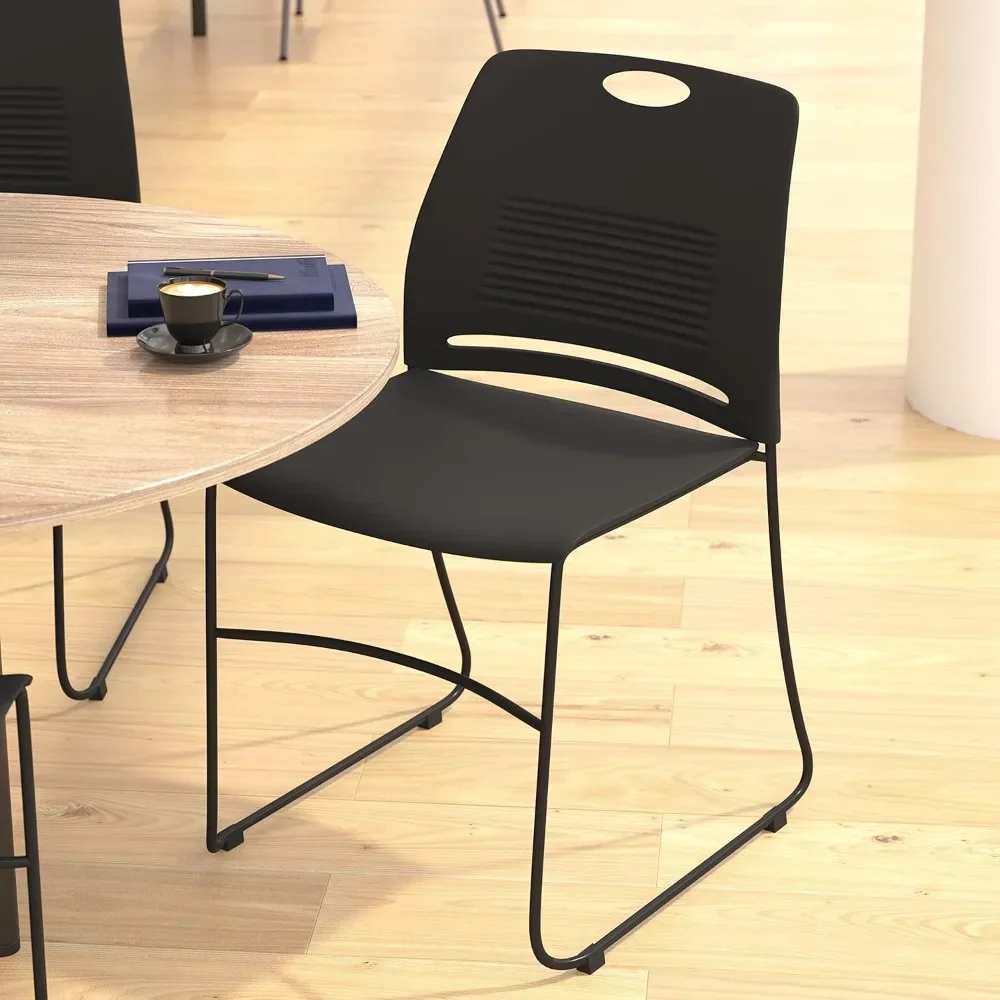 Set of 5 Commercial Stack Chair - 660 lb. Capacity - Durable Black Perforated Plastic Back - Black Powder Coated Steel Sled Base