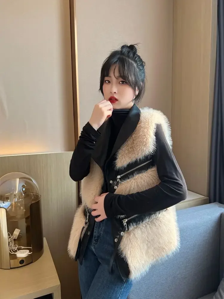 여성용 인조 밍크 조끼 여성용 조끼 재킷 따뜻한 민소매 아우터웨어 짧은 스티치 양가죽 조끼 겨울 신상품