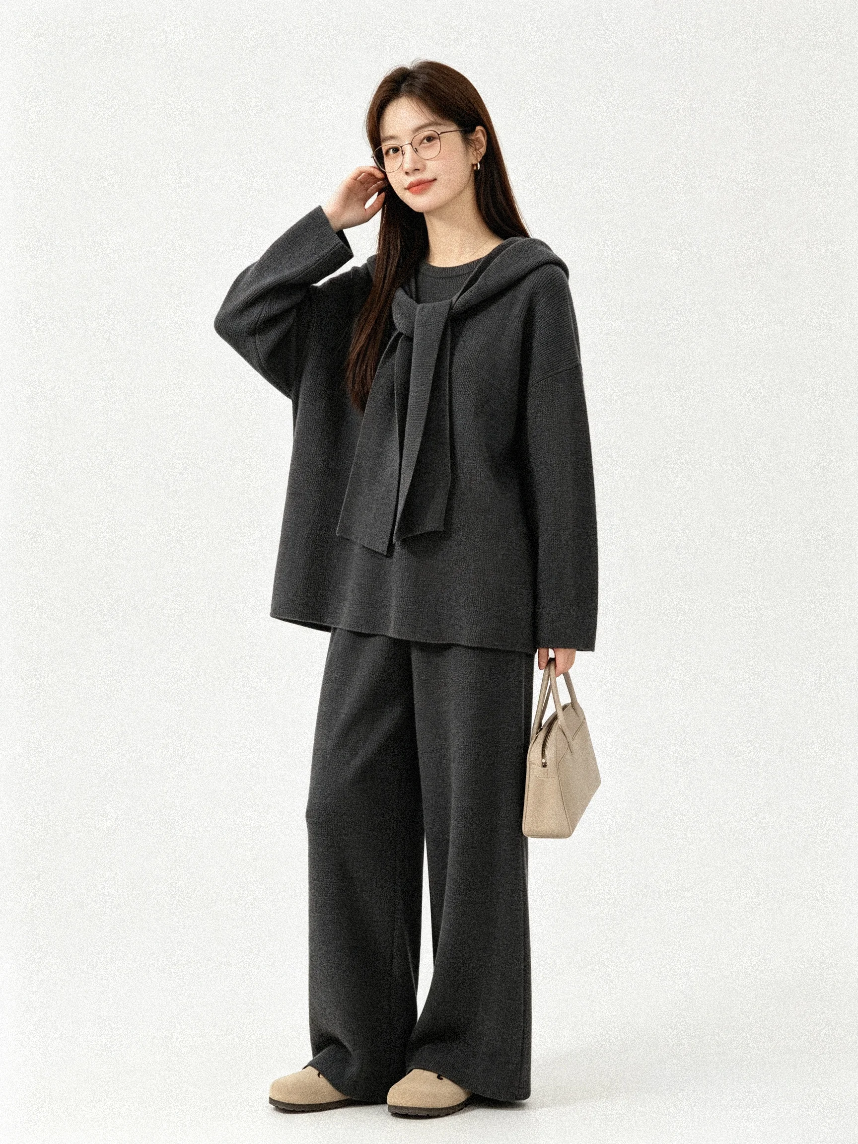 Korean Style Casual Knitted Sweater Set with Shawl Versatile Lazy Slimming Autumn Collection Breathable High Waist Pants