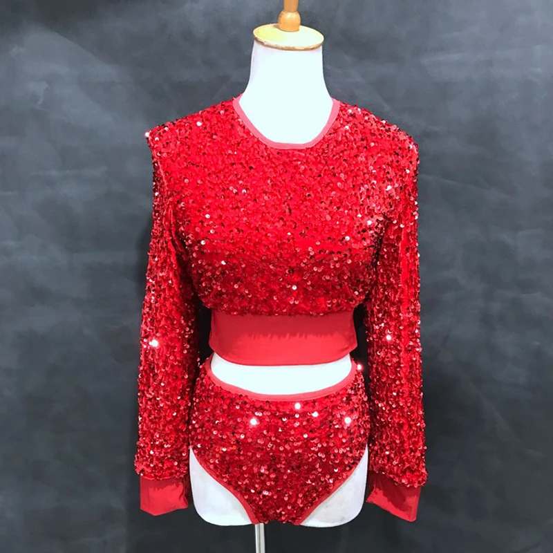 

Red Sequins Gogo Dance Clothing Tops Shorts Nightclubt Bar Pole Dance Costume Women Kpop Jazz Dancewear Rave Outfit VDB3170