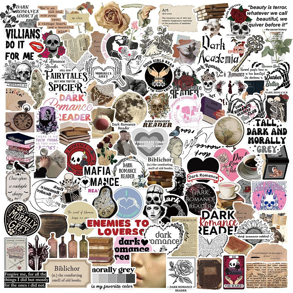 

10/30/50/100pcs Retro Dark Aesthetic Books Stickers Gothic Skull Reading Decals for Notebook Phone Suitcase Cool Cartoon Sticker