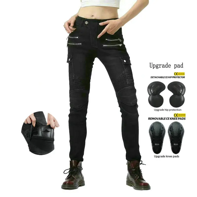 

Loong Biker Female Motorcycle Riding Pants Motocross Little Slim Protection Jeans Knight Casual Protective Trousers Black