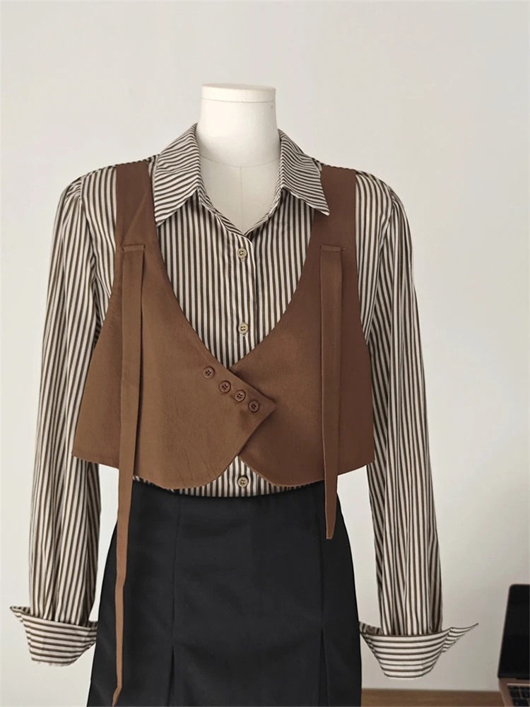 Vintage Striped Blouses Women Crop Top Patchwork Lapel Collar Elegant Korean Office Lady Single Breasted Shirts Autumn Winter