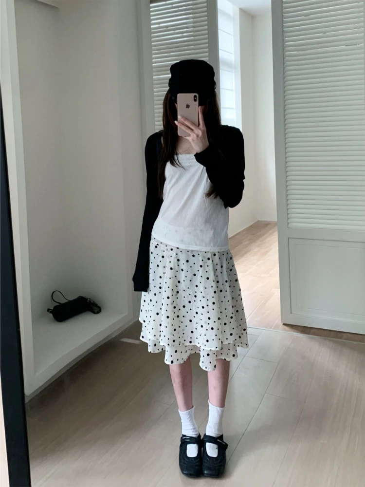 Korean Fashion Polka Dot Tiered Asymmetric White Midi Skirt New Style For Women And Girls Chic Unique Daily Casual Travel Outfit