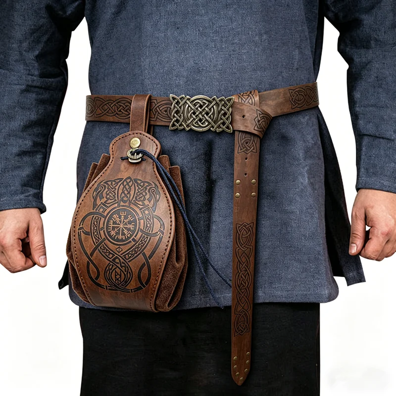 Tragbare Retro-Gürteltasche, mittelalterliche Wikinger-Geldtasche, Unisex, langlebiges Kunstleder, Münzgeldbörse mit Kordelzug, Partyzubehör