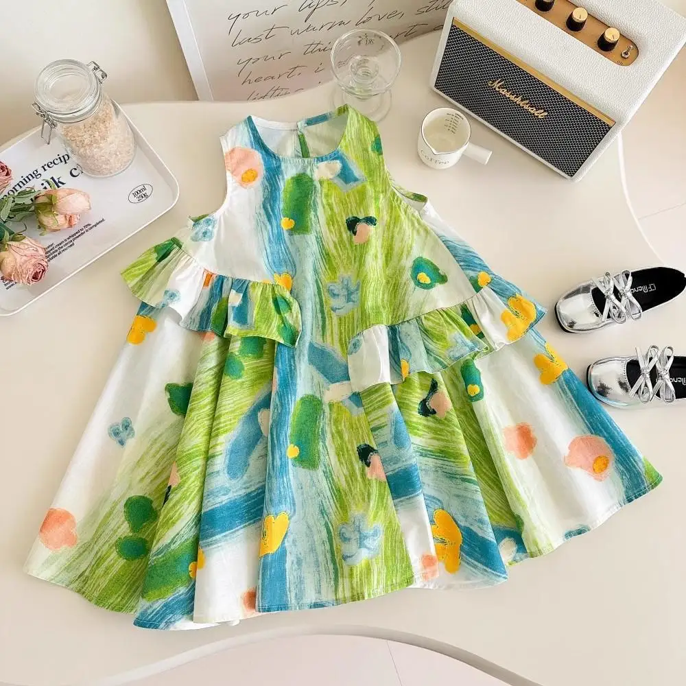 Girls green small fresh vest skirt summer thin cool children's dress vacation seaside beach skirt