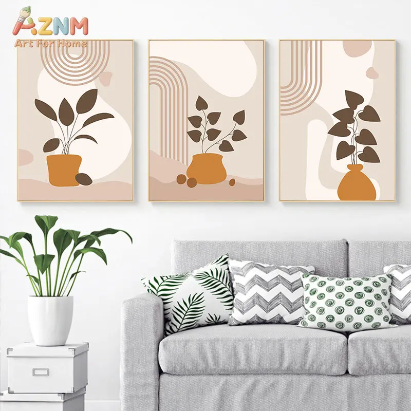 AZNM Boho Mid-Century Modern Abstract Plant Canvas Wall Art, Minimalist Terracotta Botanical Geometric Print, Unframed Neutral B
