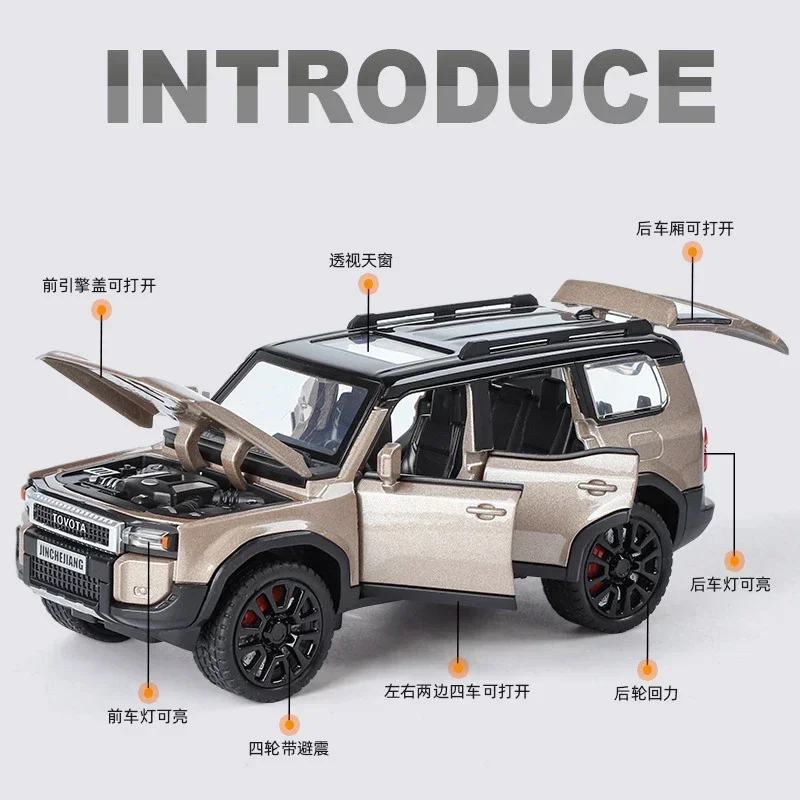 1:32 Toyota Land Cruiser Prado SUV 2024 coche de juguete fundido a presión de aleación modelo sonido y luz juguete para niños coleccionables regalo de cumpleaños