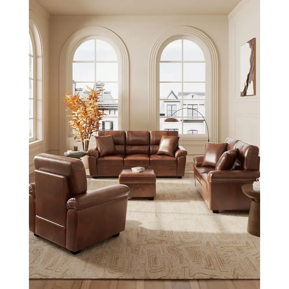 4 Piece Living Room Set,Upholstered Sleeper Sofa with 4 Accent Pillows  Faux Leather Sofa Set with Storage Ottoman Bench