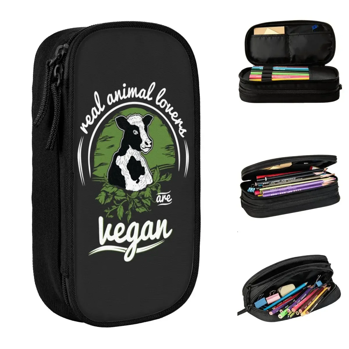 Real Cow Lovers Are Vegan Pencil Case Pencil Pouch Pen Kids Large Storage Bag Students School Zipper Stationery