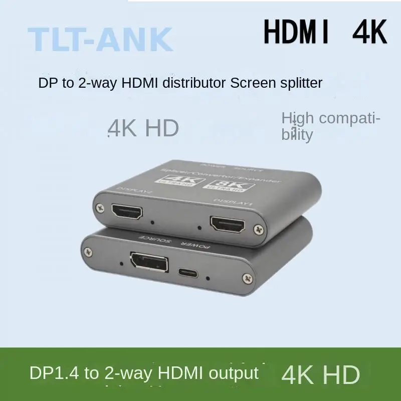 DP 1.4 to Dual HDMI Splitter 1×2, Same Screen Output, 4K 60Hz 8K 30Hz Multi Monitor Display Adapter