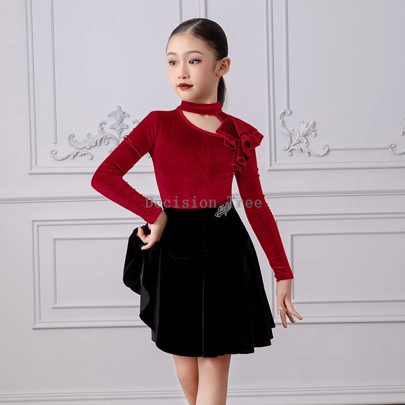 2025 autumn winter girls' latin dance practice dress children performance competition long sleeve velvet skirt 2 piece dance set view 6