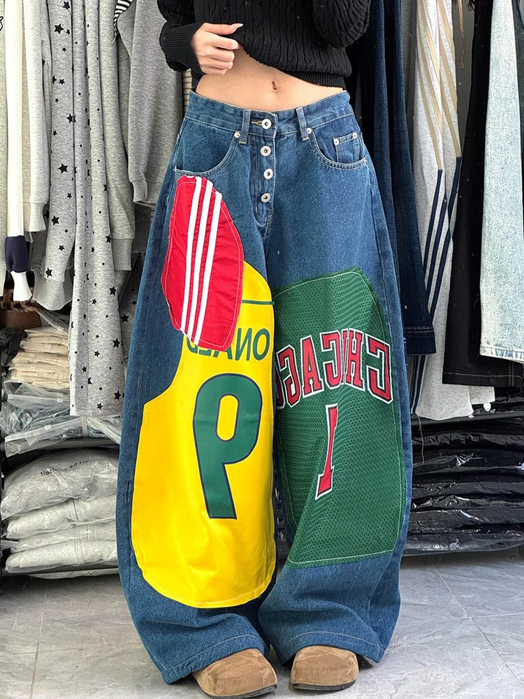 

American Style Lazy Girl Hot Pants Loose Summer Vintage Trendy Printed Floor-Length Jeans Women's Natural Waist Denim