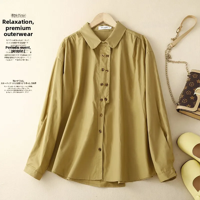 الرجعية اليابانية Sle المرأة irt الفنية القطن الكتان طوق زر مزدوج لون نقي بسيط Faion العصرية بلوزة #4