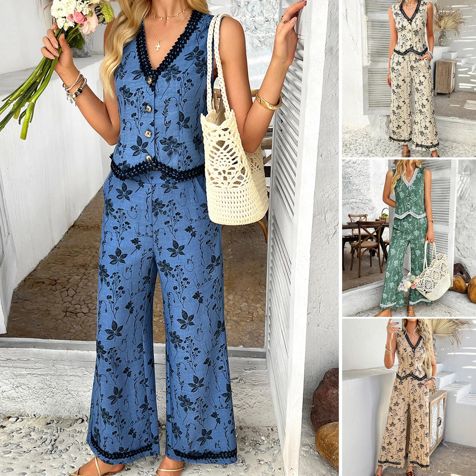 

Bohemian Europe and America printed lace cardigan vest long pants suit women's clothing in spring and summer