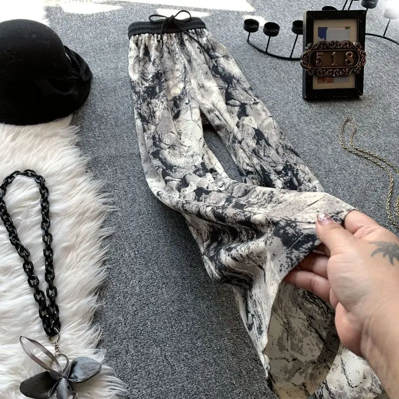 Women High Waisted Chiffon Thin Straight Leg Mop Pants Ink Wash Tie Dye Ice Silk Wide Leg Pants