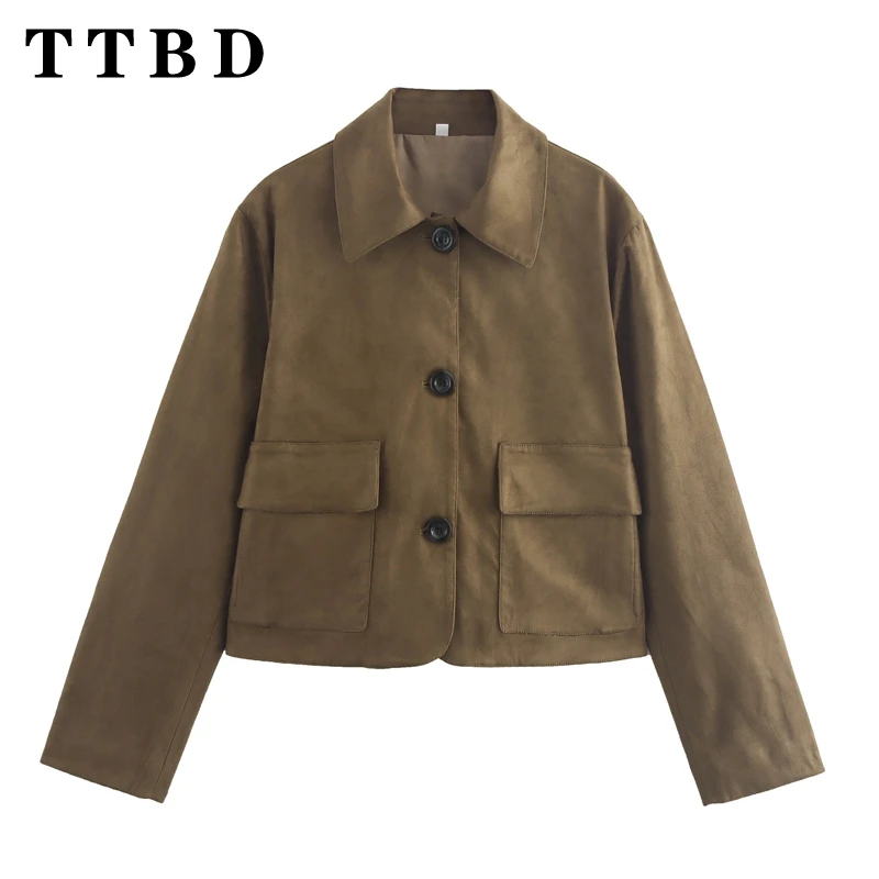 TTBD 2024 New Autumn Women's Streetwear Fashion Suede Leather Long Sleeve Cropped Jacket Casual Lapel Coat with Pockets