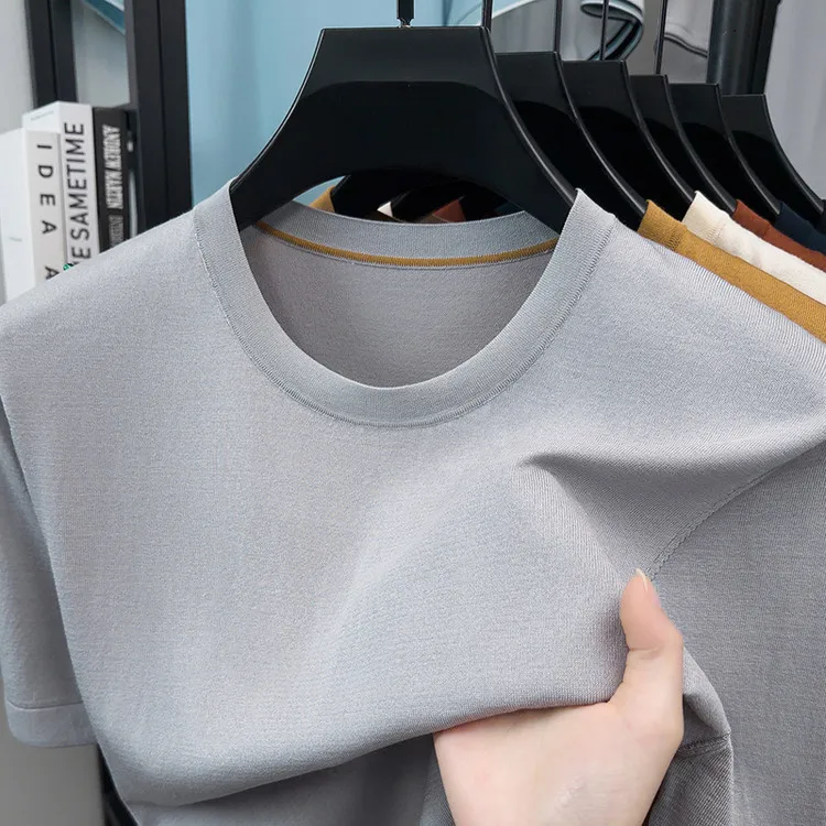 

Viscose 35% linen 3% mulberry silk 3% Knitwear 2026 Spring Summer Thin Casual Knit Tops Short Sleeve T-shirts