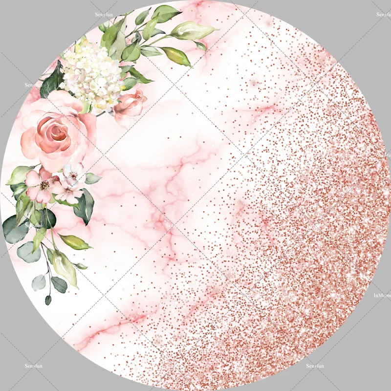 Pink White Marble Glitter Rose Gold Circle Round Backdrop Cover Happy Birthday Party Background Candy Cake Table Banner