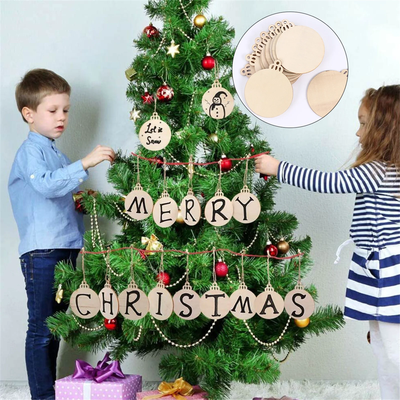 

114Pcs Christmas Wooden Ornaments Kit DIY Blank Wood Chip Decorations Snowflake Deer Tree Hanging Set for Holiday Craft
