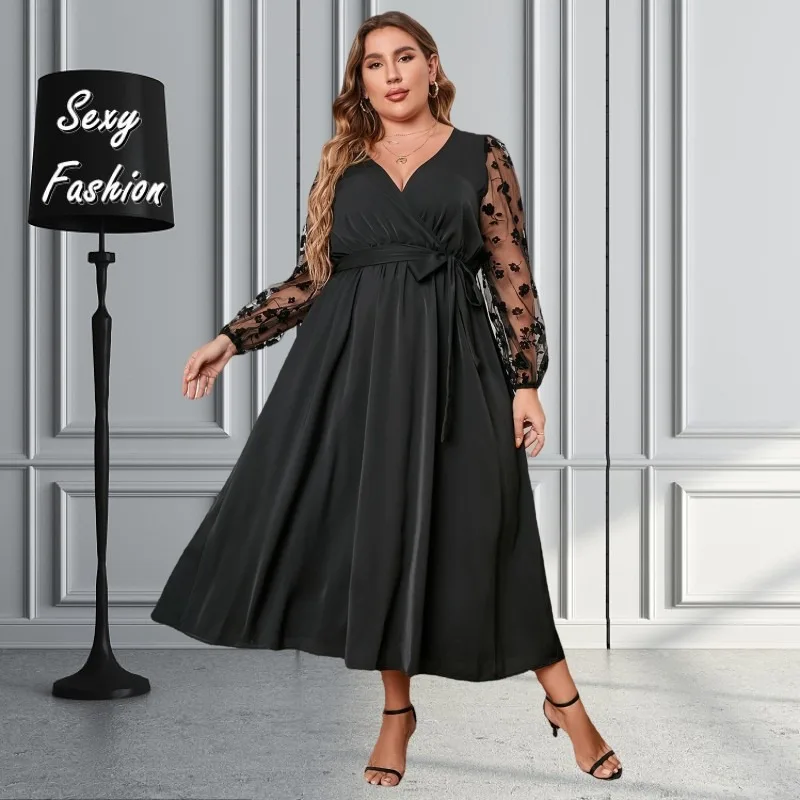 

XL-4XL Plus Size Dresses Summer Women Clothing Fashion Mesh Lace Long Sleeve Patchwork Bandage V Neck Elegant Evening Long Dress