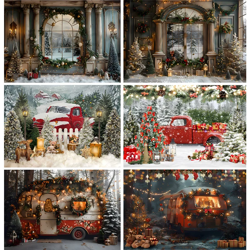 

Christmas Tree With Gift Boxes Photography Backdrops Winter Snow Decorations Wooden Door Fireplace Room Background Props ST-04