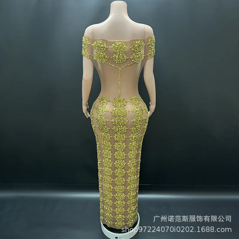 مزاجه الكتف الذهب حجر الراين فستان نموذج المدرج موضة المرأة عيد ميلاد الراقية فستان Vestidos De Gala Dama Brillantes #4