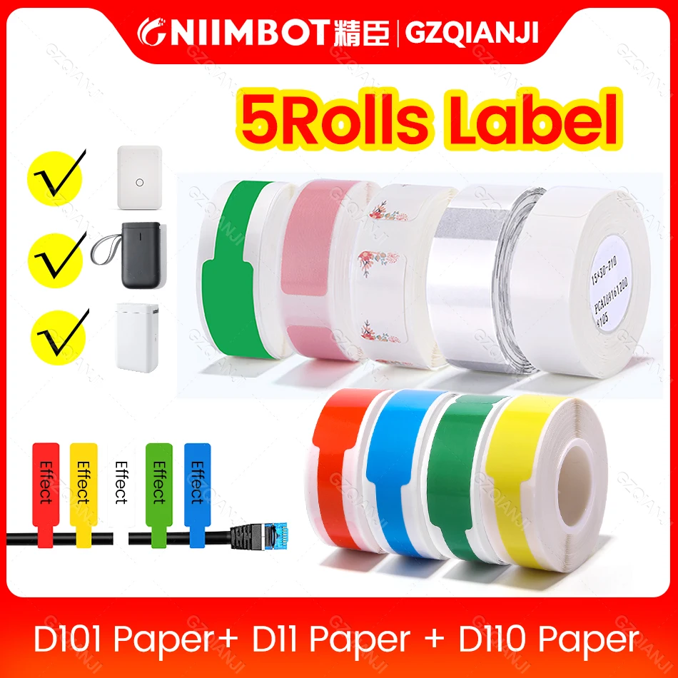 NIIMBOT D11 D110 Thermal Label Maker Stickers White Color Paper Roll Waterproof Tear-Resistant Replacement for Office Home Cable