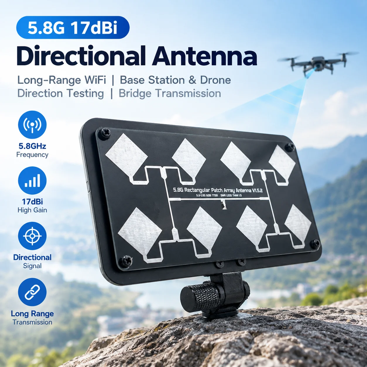 HT1727 5.8GHz 17dBi High Gain Directional Flat Panel Patch Array Antenna for Fixed Wing FPV