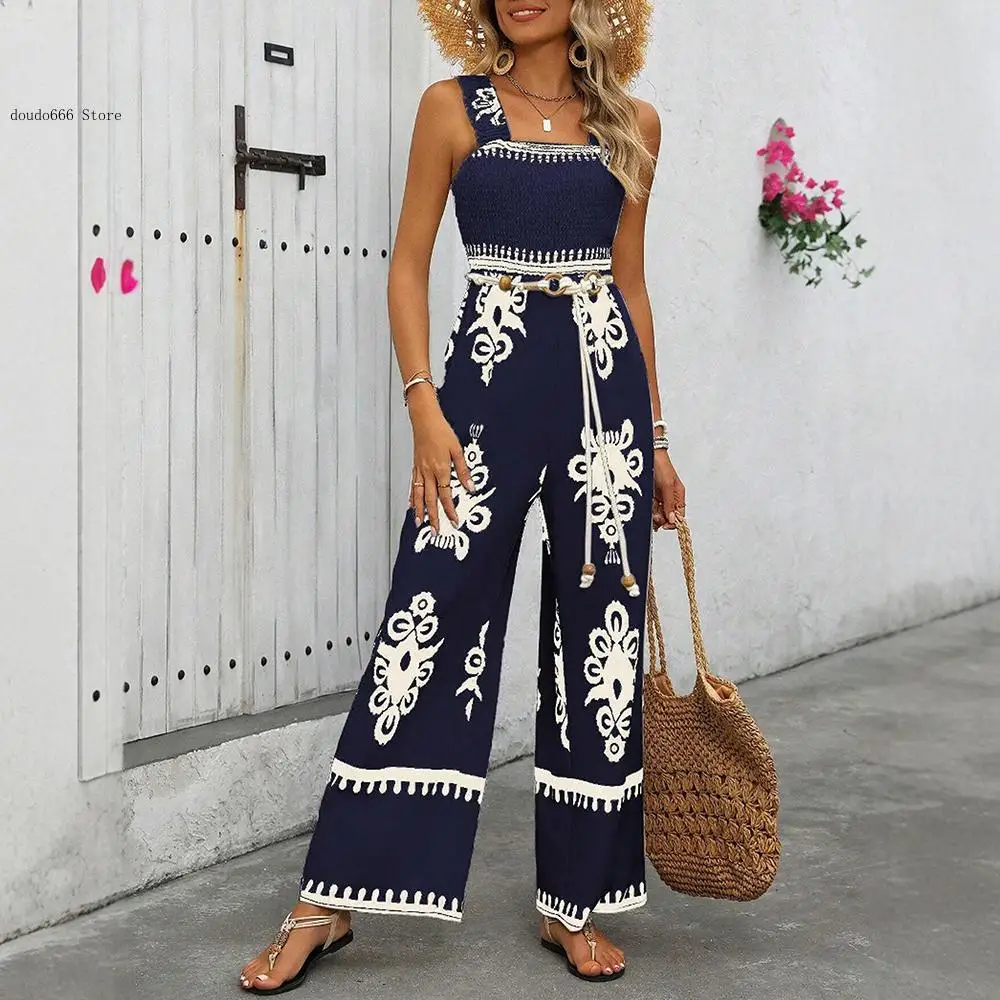 European and American Summer Women's Jumpsuits Floral Print Sleeveless Square Neck Wide Leg Leisure Romper