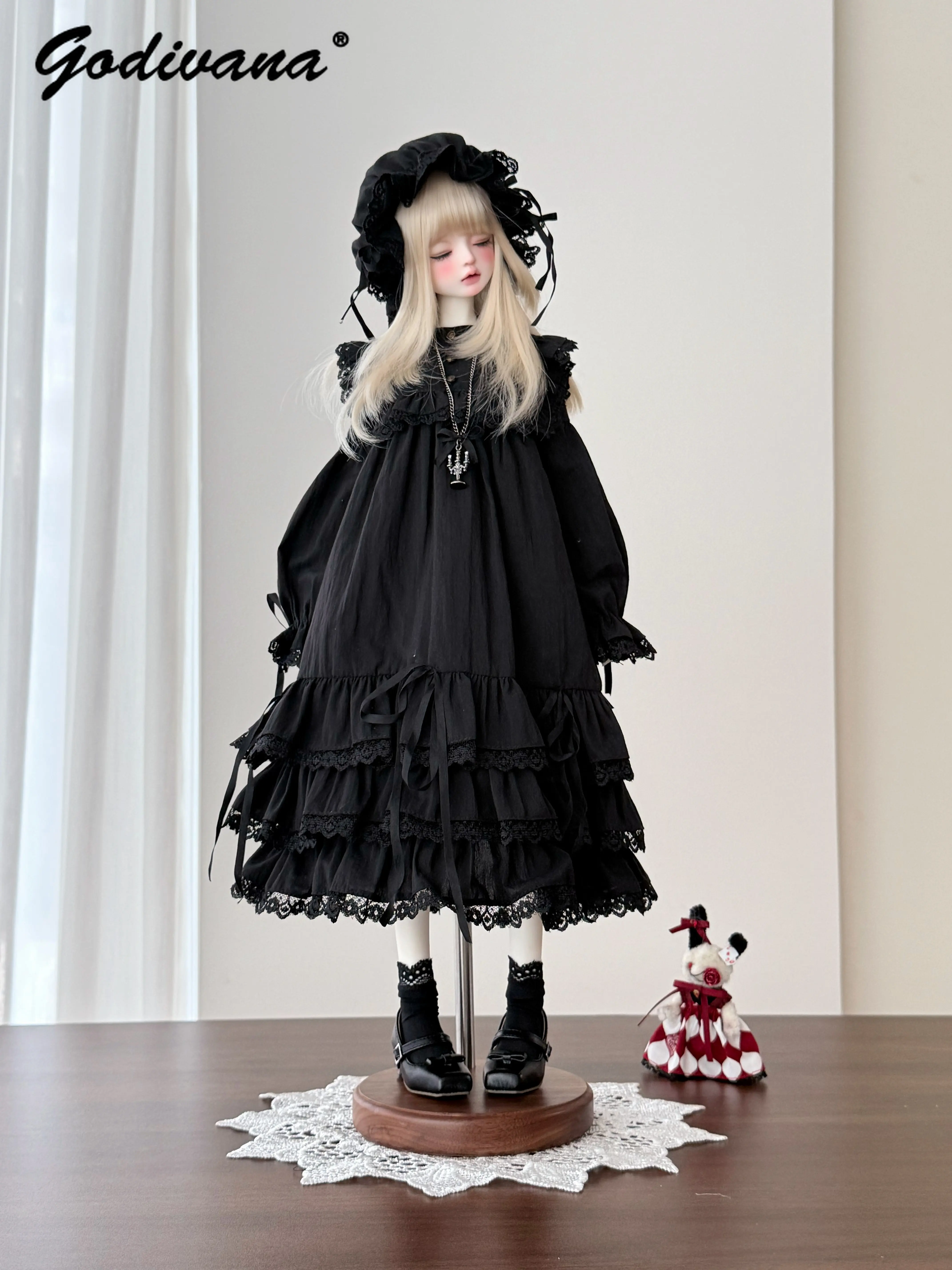 1/4 BJD Doll Outfit Vintage Gothic Lolita Lace Tiered Cake Dress Set with Bonnet Hat Black White Doll Costume for 1/4 BJD Doll