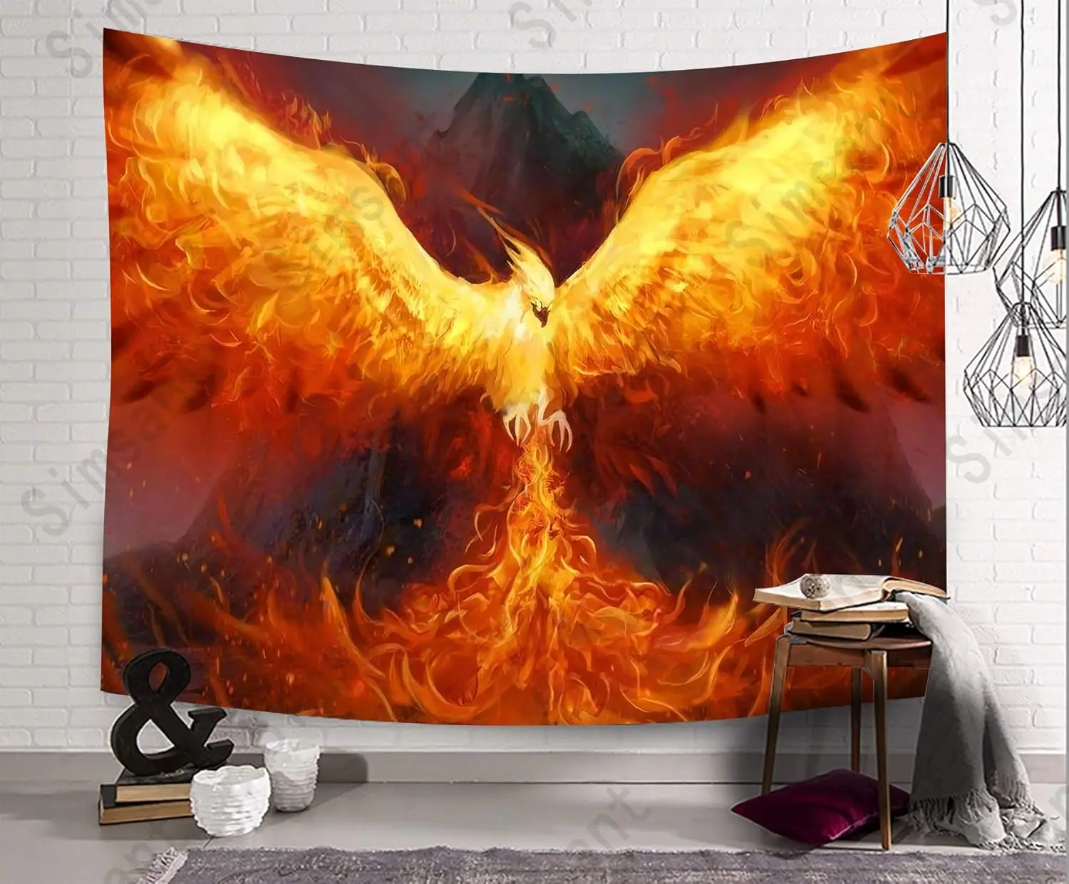 Simsant Secular Bird Tapestry Phoenix Flame Bird Flying to the Sky Psychedelic Anime Animal Hippie Bedroom Red Wall Tapestry
