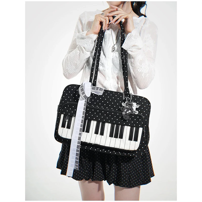 Polka Dot Piano Key Umhängetasche, große Handtasche in Kontrastfarbe, Y2k JK Mädchen-Aktentasche, Damen Wave Point Bowling-Einkaufstasche – Detail 28