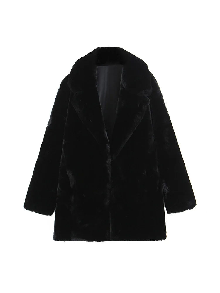 HH Woman Fashion Warm Jackets Pockets Turn-Down Collar Woman Long Sleeves Medium Length Artificial Fur Winter Coats Trendy