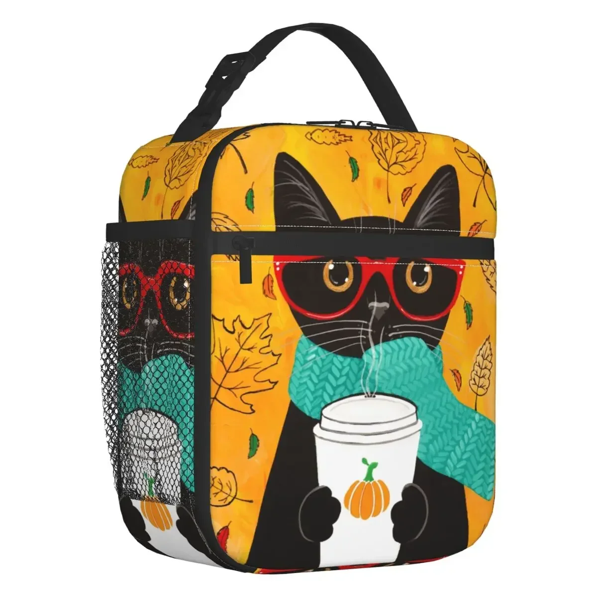 

Black Cat Insulated Lunch Bag for Women Leakproof Autumn Pumpkin Coffee Thermal Cooler Lunch Box Office Work School